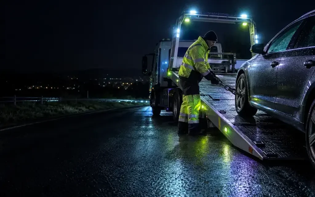 Car recovery after engine failure — vehicle recovery and transport illustration