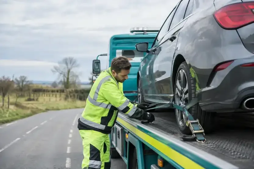 Car recovery from home — vehicle recovery and transport illustration