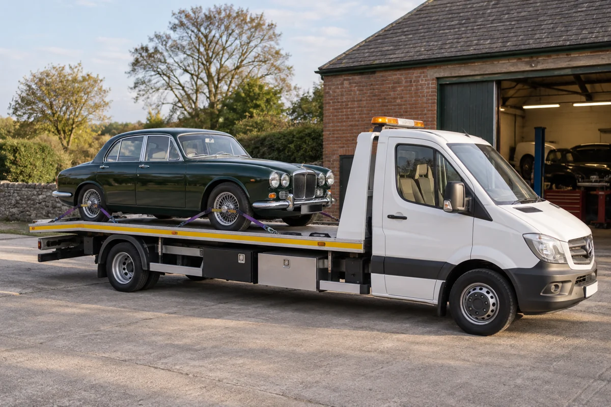 Classic car transport — vehicle recovery and transport illustration
