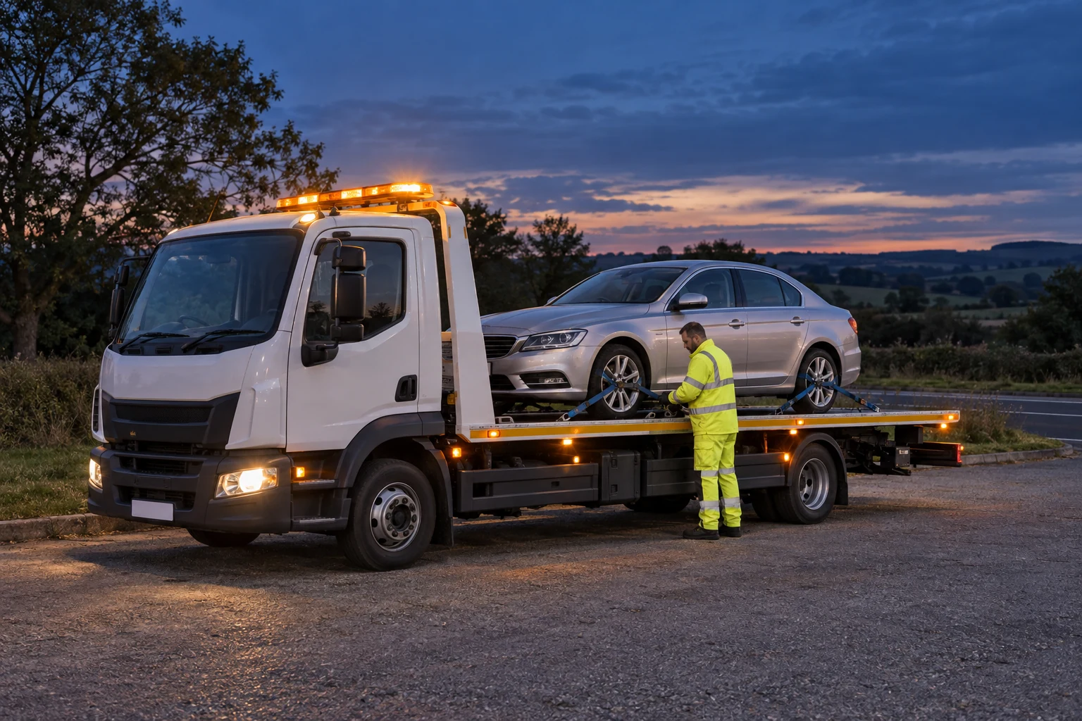 Recovery technician beside an amber-lit flatbed truck carrying a secured silver car at dusk
